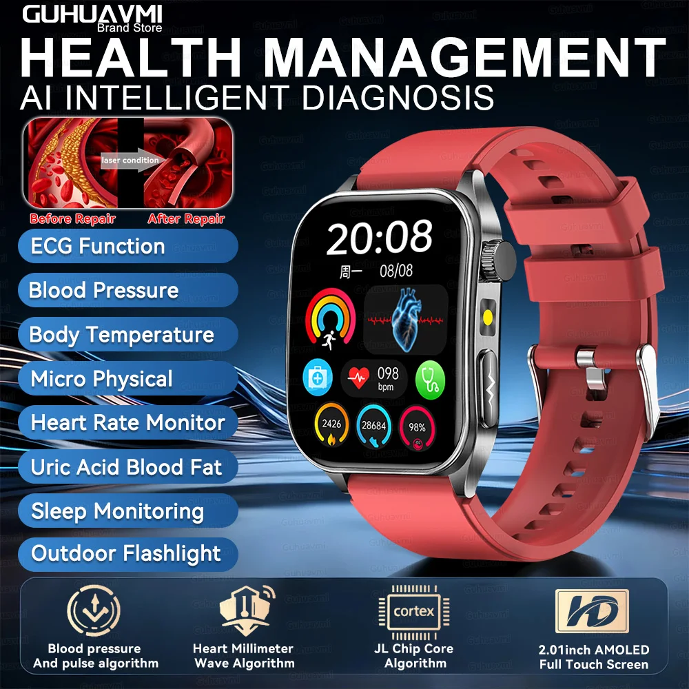 2026 Nieuwe 650nm Laser Therapie Gezondheid Smartwatch Mannen ECG Bloeddruk Lipid Urinezuur Bluetooth Oproep Smart Horloge Voor Android IOS