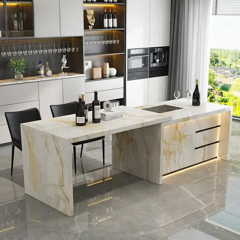 طاولة جزيرة قابلة للسحب متعددة الوظائف مع سطح حجري تلسكوبي - محور جاهز للتثبيت للمطبخ المفتوح وبار الإفطار