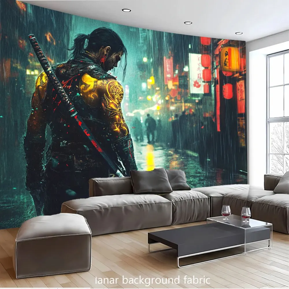 2D Flat, Samurai Warrior Wall Tapestry 2D Planar Fabric Art Japanese Culture Decor Rainy Street Scene Living Room Bedroom