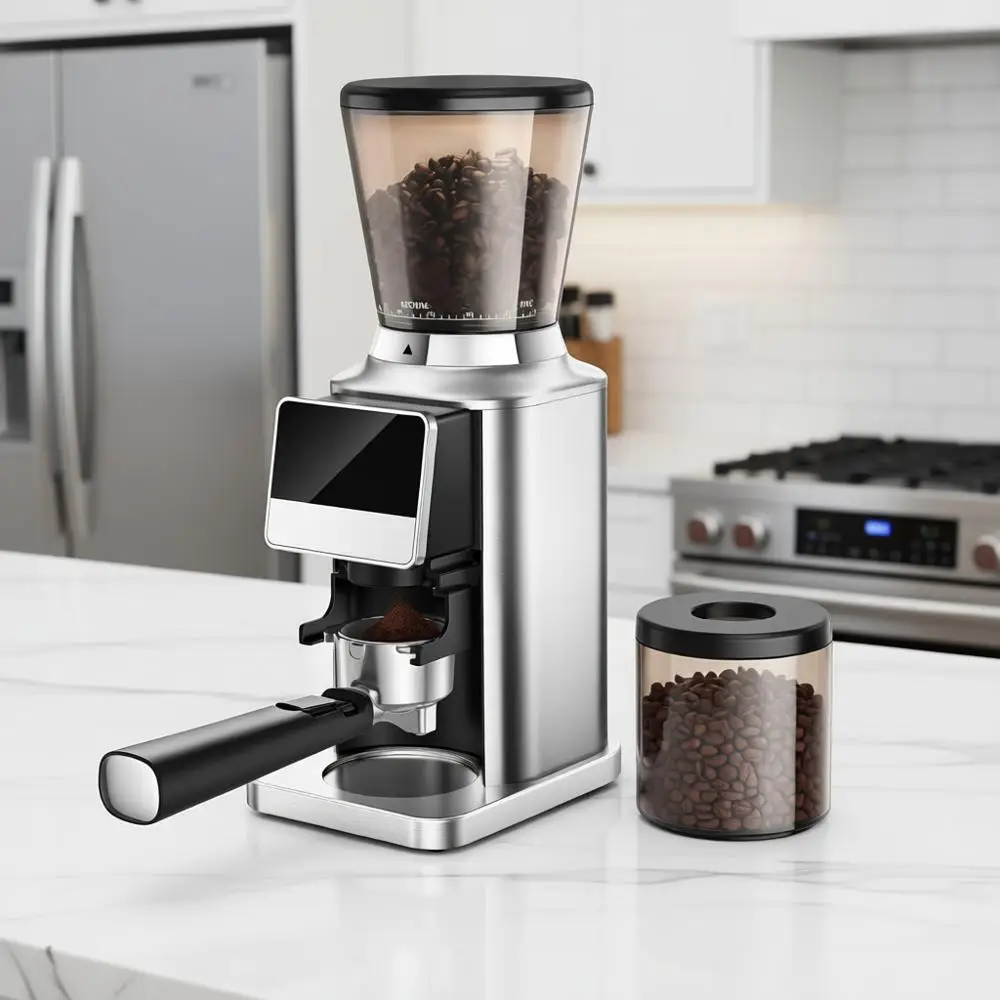 

Кофемолка конической формы с 34 настройками помола, точным таймером, сенсорным экраном, антистатической защитой, из нержавеющей стали