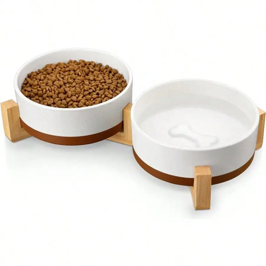 

Ceramic Dog Bowls Set With Wood Stand, 3.5 Cups Pet Bowls For Medium Dogs With Non-Slip Base, Large Puppies, Cats, Retrievers, Ect.Pet Food & Water Basic Bowls Set, Weighted Glaze Matte.34 OZ