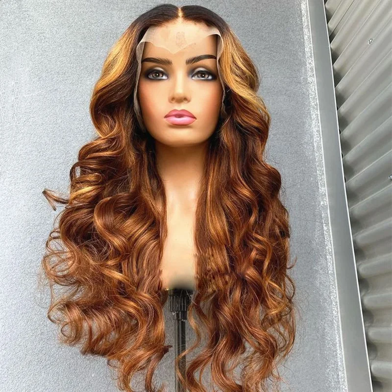 Soft Glueless Highligh Blonde Wave 28'' 5x5 Silk Base Jewish Human Hair Wigs With Baby Hair HD Lace European Hair Black Root Wig