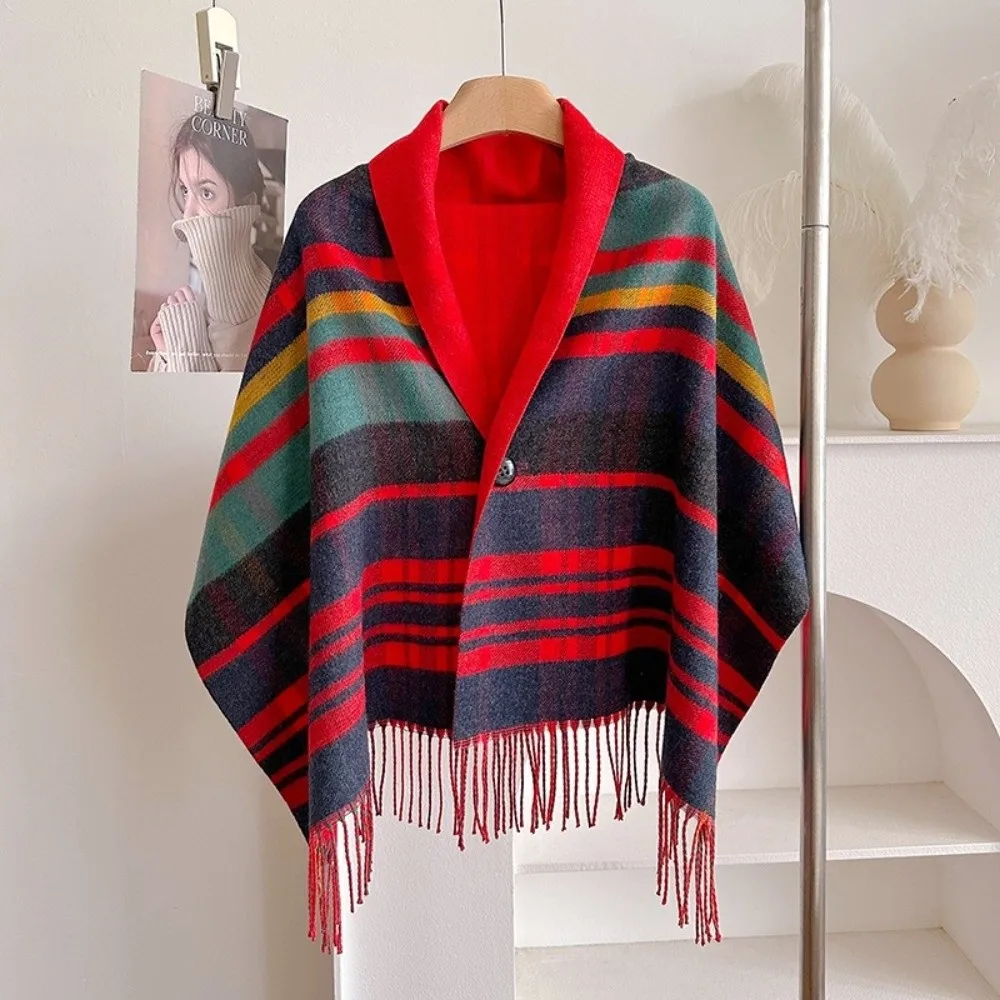 Multi-Functional Double‑Sided Plaid Poncho Shawl Faux Wool Thick Knit Blanket Shawl Button Closure Tassel Trim