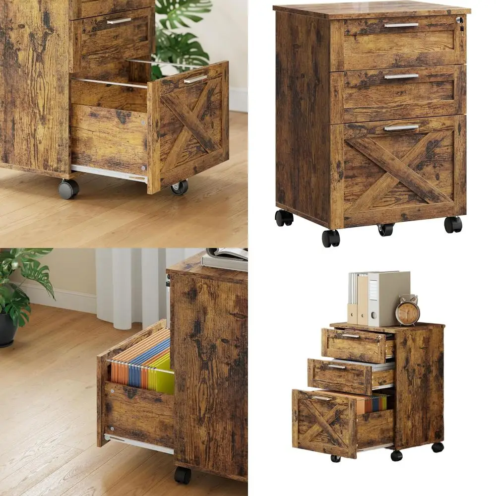 

Деревянный шкаф для документов с 3 выдвижными ящиками на колесиках, для хранения рядом со столом, для форматов Letter/Legal/A4, цвет рустик-коричневый
