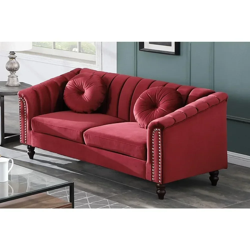 Luxurious Velvet Love Seat Chesterfield Settee Sofa Upholstered Rolled Arm with Rivets Button Tufted Pillow,Sofa for Living Room