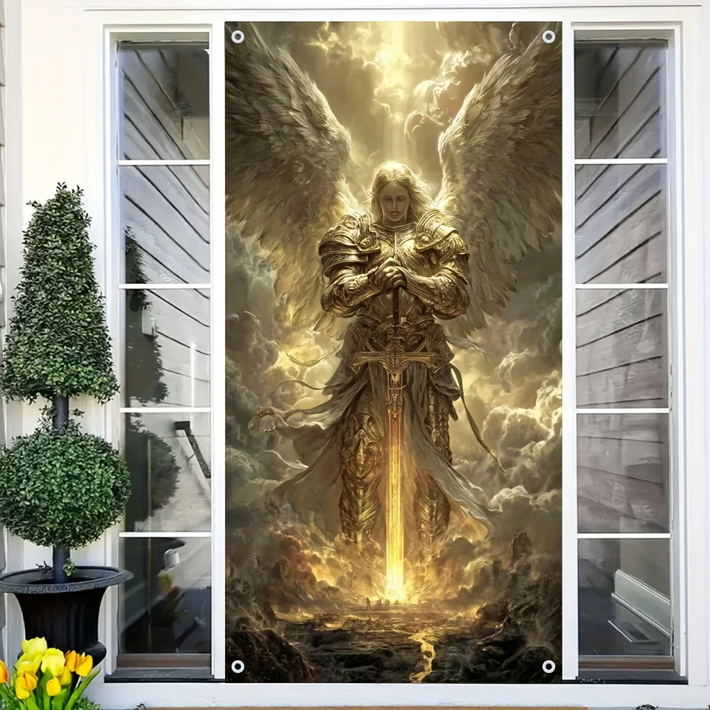 Fantasy Archangel Warrior Door Banner Polyester Door Cover Wall Hanging for Home Entrance Living Room Party Decor