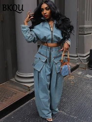 BKQU Fashion Denim Women's Sets Ruched Long Sleeve Zipper Jacket Patchwork Big Pocket Wide Leg Jeans Pants Two Piece Set Hip Hop