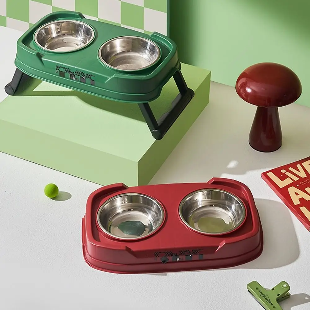 

Plastic/Stainless Steel Double Cat Bowl Non-Slip Anti-flip Pet Water Food Bowl Adjustable Neck Protection Cat Feeding Bowl Home