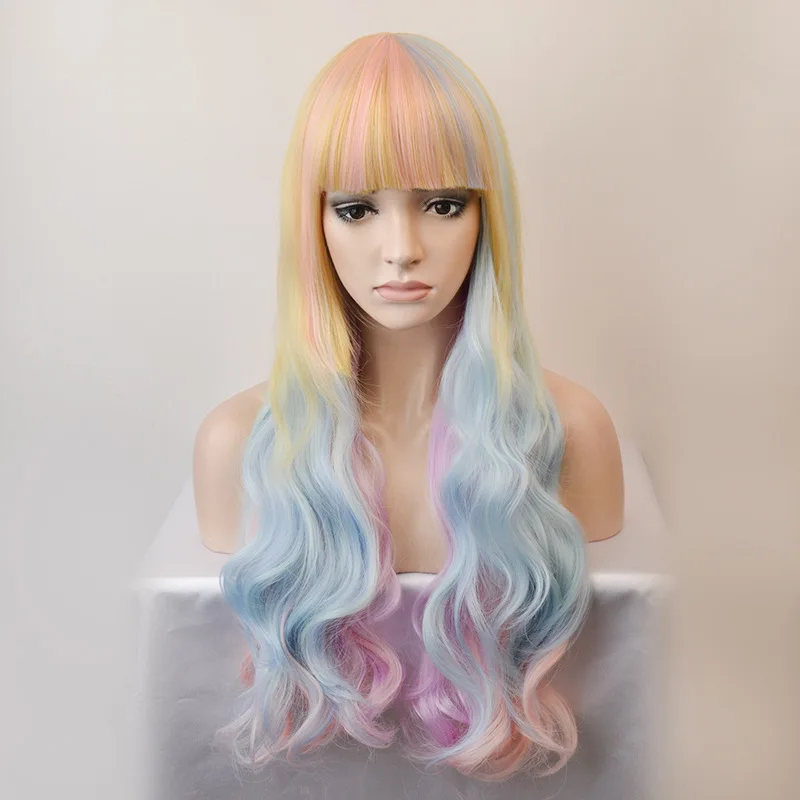 70Cm Lang Roze Gemengd Blauw Krullend Haar Pruik Met Pony Voor Dames Halloween Cosplay Kostuum Feest Pruiken