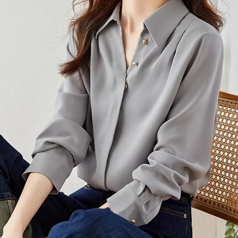 Autumn New Original Design Fashion Casual Loose Gray Long Sleeved Shirt Loose Retro Comfortable Solid Color Popular Women\'s Top