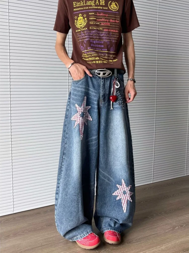2025年日本のY2Kファッションスター刺繍バギースタックドジーンズパンツメンズ服ヴィンテージブルーストレートゴシックデニムトラウザーズ