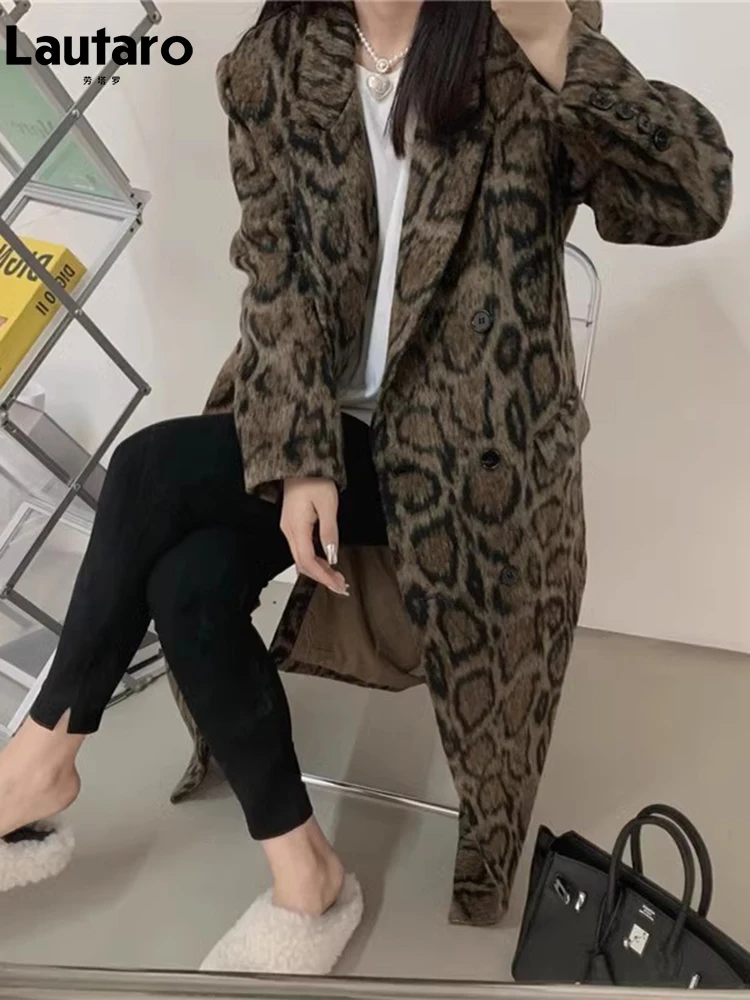 Lautaro Winter Long Warm Fluffy Colorful Leopard Print Wool & blends Coat for Women Back Slit Luxury clothes Woolen Overcoat