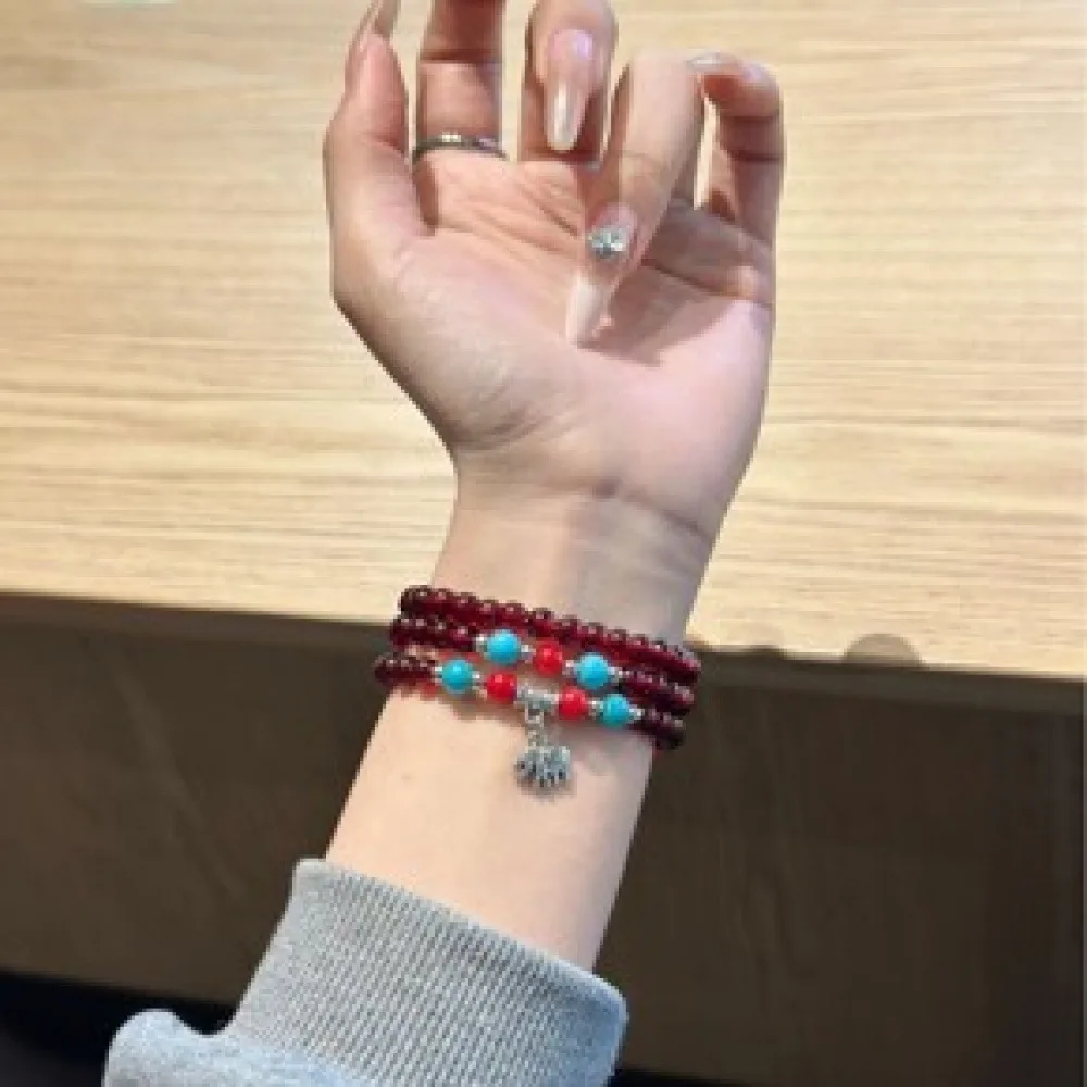 Multi Layer Imitation Garnet Beaded Bracelet, 3 Loops Wine Red Stretch Bracelet with Turquoise & Red Beads, Ethnic Style Women Decor Wrist Jewelry