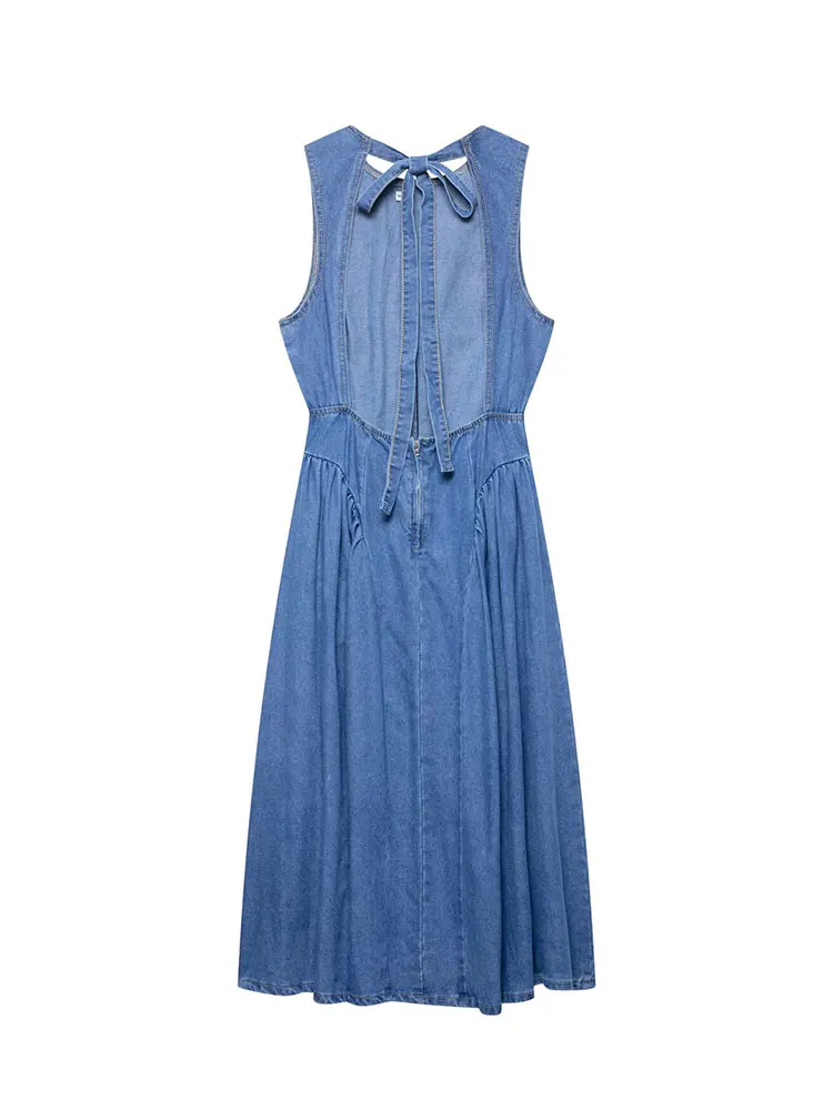 فستان نسائي صيفي أنيق طويل من قماش الدنيم موديل 2025 بدون أكمام بدون ظهر للحفلات فستان أنيق للعطلات