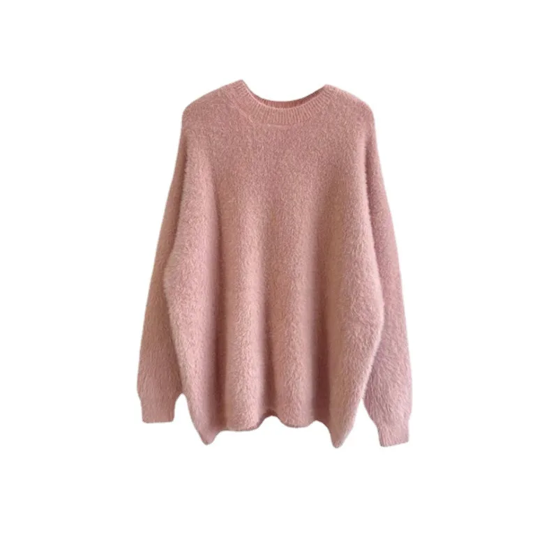 Donna autunno inverno caldo maglione o-collo stile sciolto maglione lavorato a maglia peloso pullover donna manica lunga maglione rosa Pull Femme