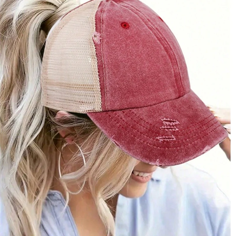 1 Stück Vintage-Pferdeschwanz-Mesh-Baseballkappe, verstellbarer Sonnenschutz für den Außenbereich, gewaschener Distress-Trucker-Hut, geeignet für Frühling/Herbst