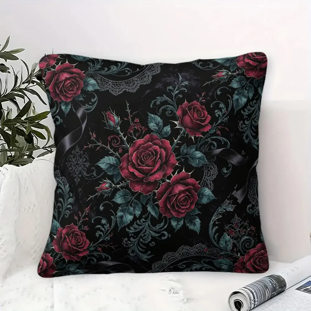 Rose Lace Black Background Digital Print Throw Pillow Cushion Accent Pillow Core 45×45cm Gothic Sofa Decor