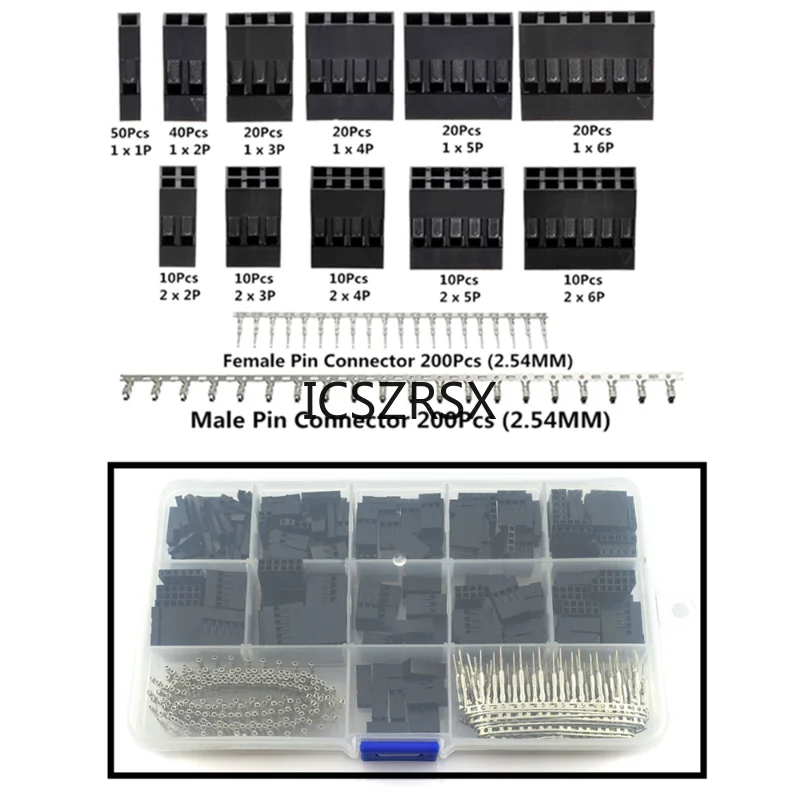 620pcs Dupont Connector 2.54mm Dupont Cable Jumper Wire Pin Header Housing Kit Male Crimp Pins+Female Pin Terminal Connector