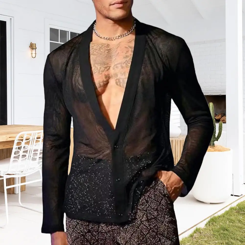 Men Club Shirt Ultra Thin See-through Mesh V Neck Black Top Button-down Long Sleeves Muscular Men Top Party Performance Top