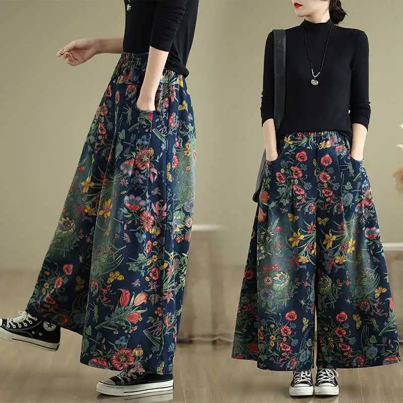 Women Floral Print Wide Leg Pants Elastic High Waist Loose Casual Trousers with Pockets Vintage Bohemian Long Pants for Daily