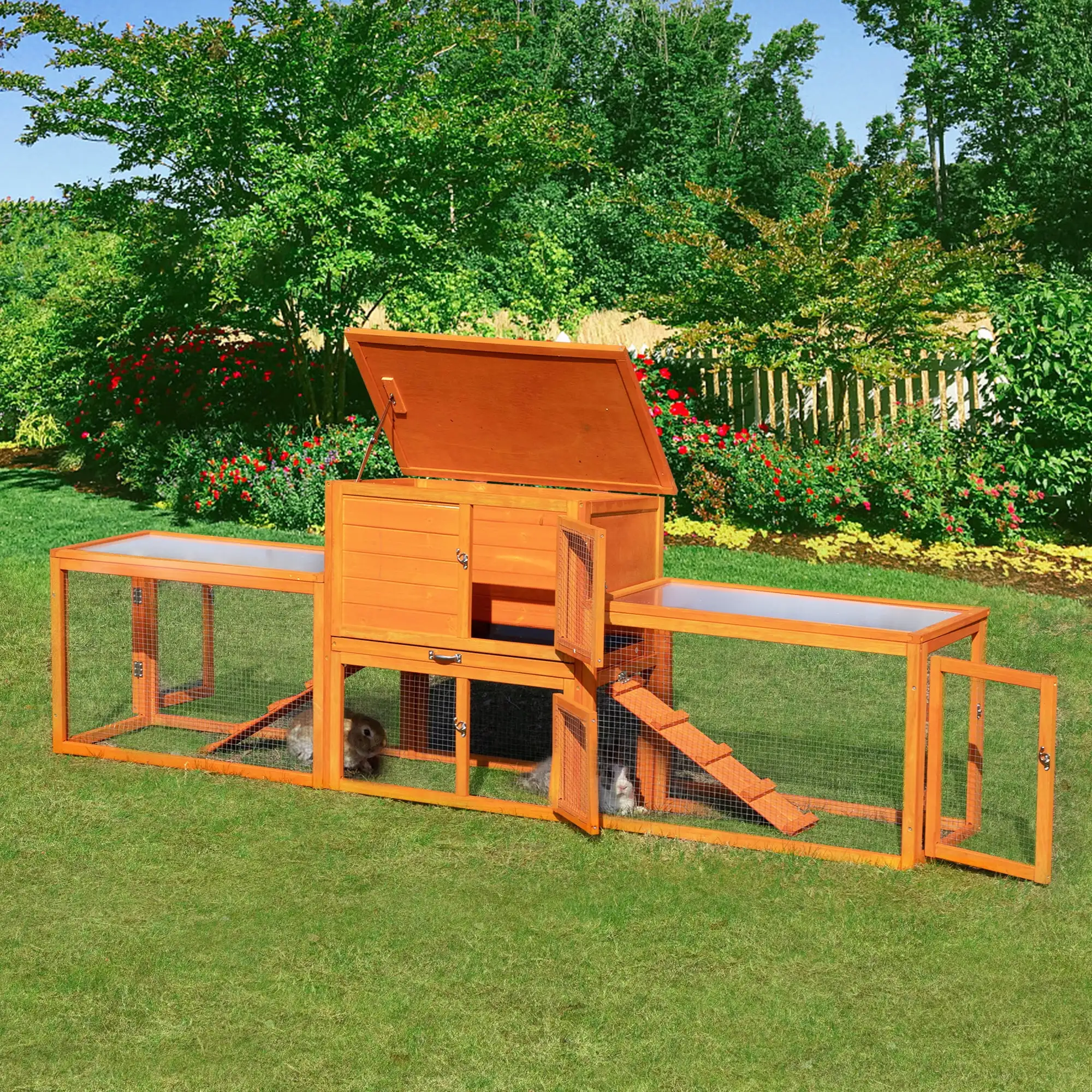 Large Wooden Rabbit Hutch with Two-Tier Design and Removable Tray, Spacious Cage for Rabbits, Chickens, and Guinea Pigs Outdoors