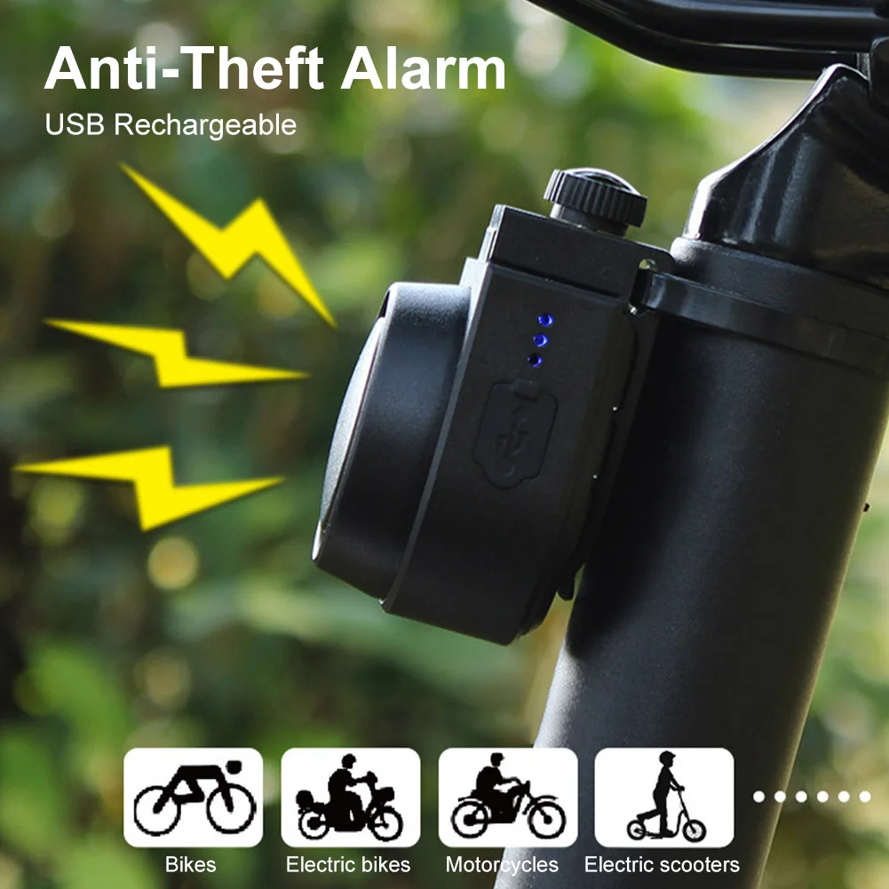 

115dB Rechargeable Loud Wireless Bike Alarm Anti-Theft Burglar Alarm Vibration-Activated Bicycle Alarm Bell with Remote Horn USB