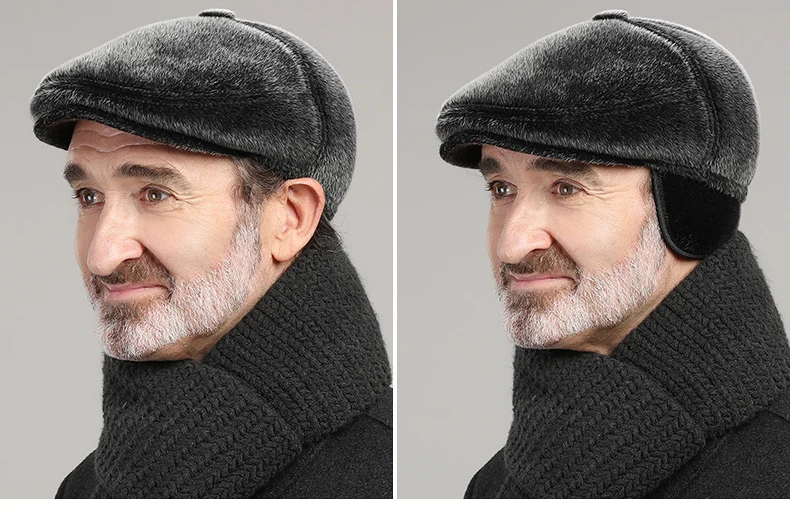 Winter-Zeitungsjungenmütze aus Kunstfell mit Ohrenklappen, Baskenmütze-Stil, Schirmmütze, warme flache Mütze für ältere Männer für kaltes Wetter – Detail 5