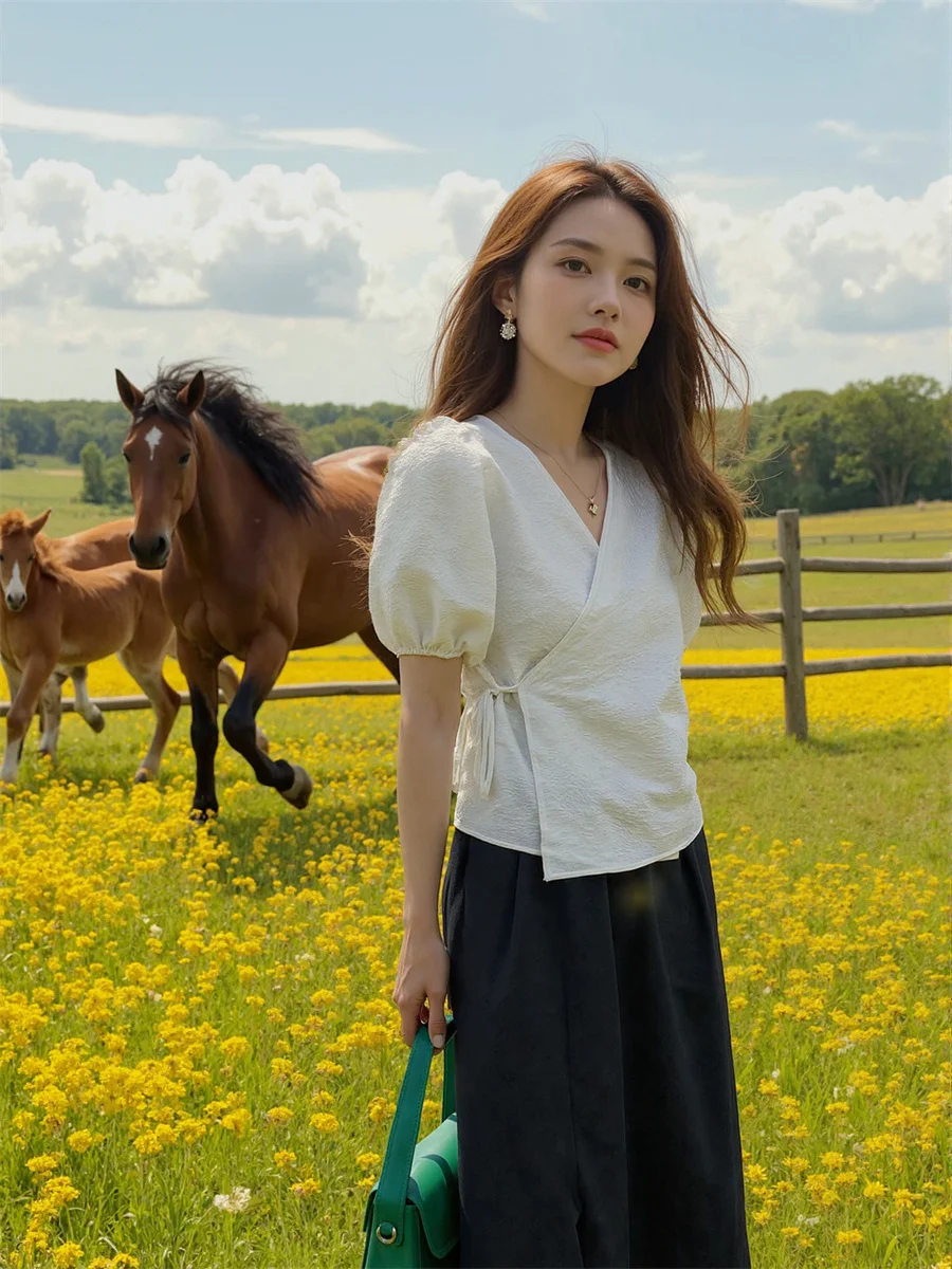 

Chic Elegant Youth Women'S Blouses V-Neck Long Sleeve Female Cotton Short Korean Style Fashion Outerwear Tops Formal Autumn Big