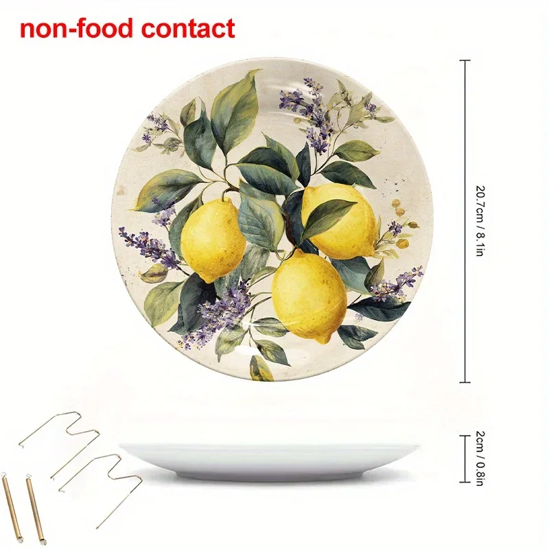 1pc Round Ceramic Hanging Wall Art Plates, 8Inch Modern Mural Decoration with Lemons and Lavender, Vintage Decorative Face Art
