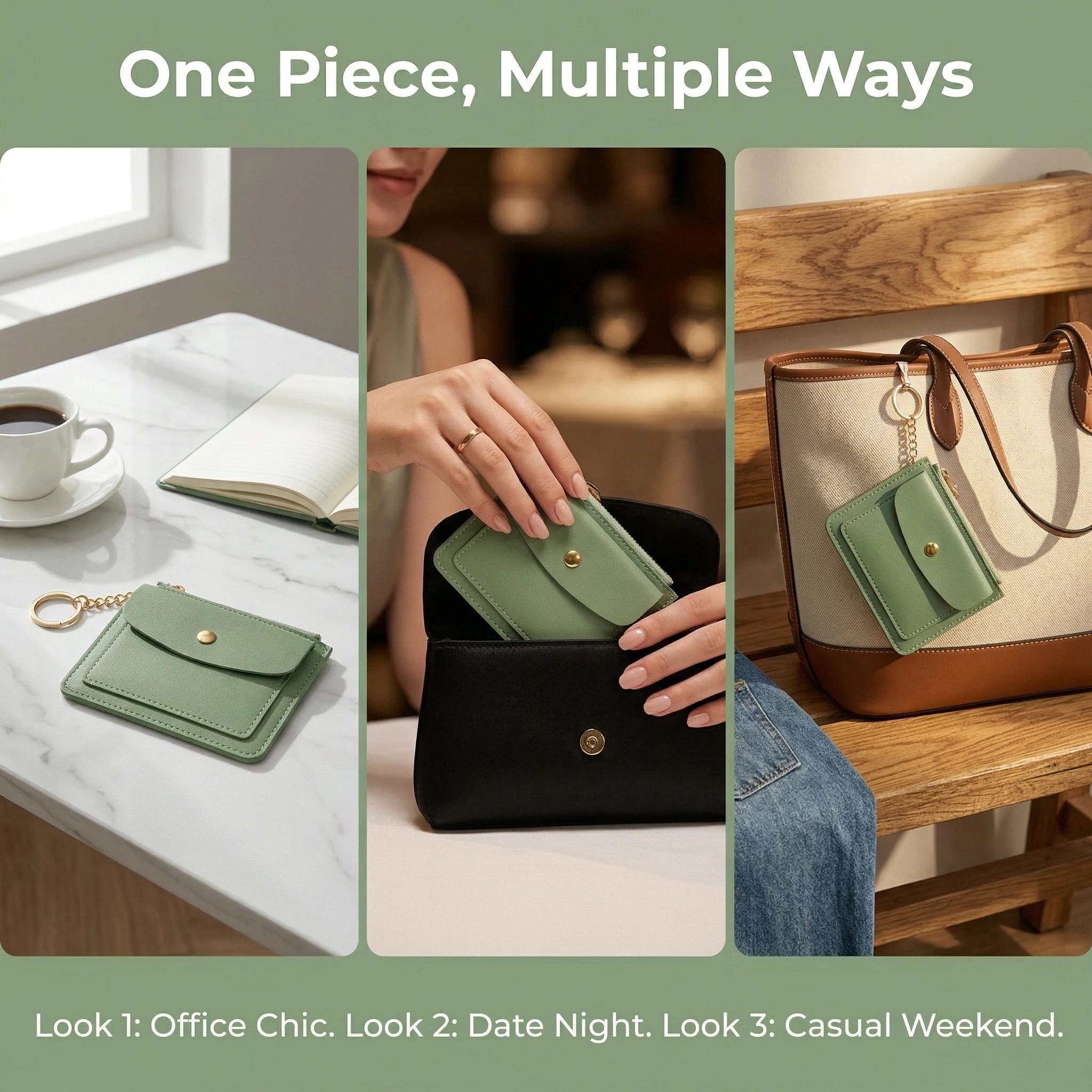 Slim Green PU Leather Slim Wallet for Women Card Holder Keychain Zipper for Gift Mini Coin Purse Button Closure with Window Card view 5