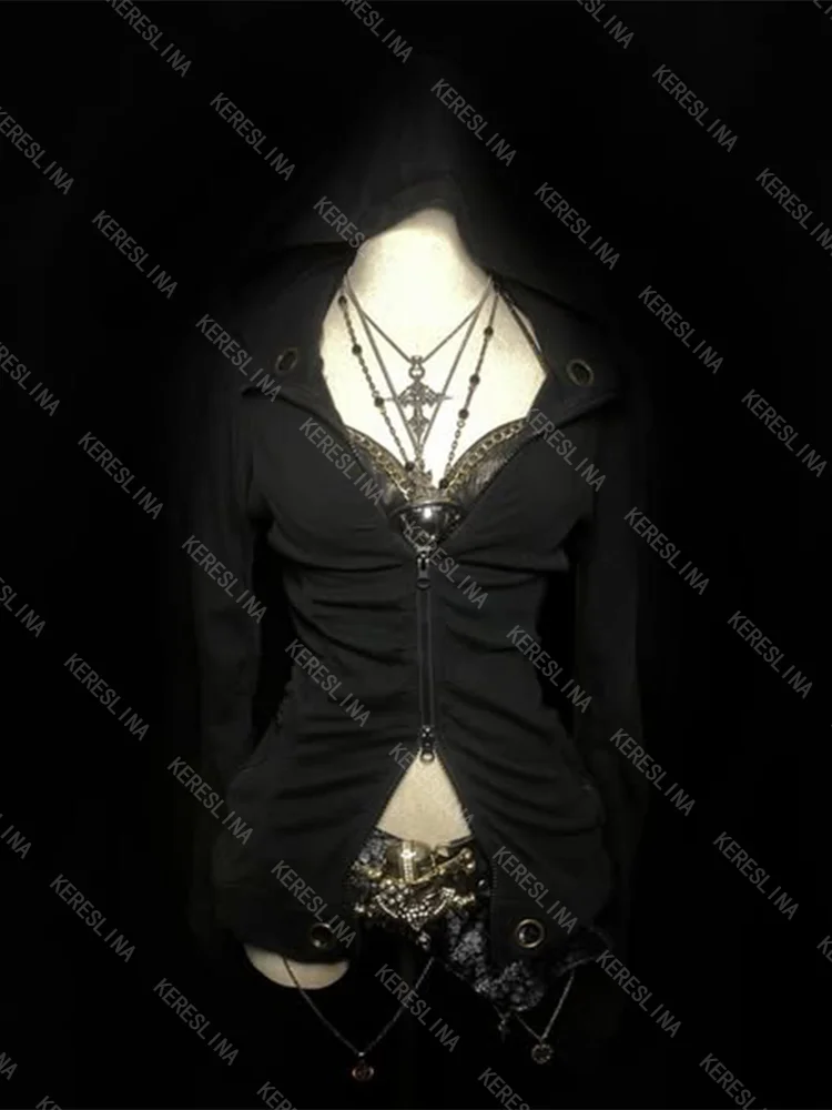 

Women's hooded cardigan jacket solid color hip-hop punk street American retro Y2K gothic emo girls chic summer new hooded jacket