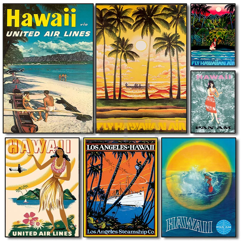 Hawaii Vintage Travel Poster Surfing Pacific Maui Poster and Prints Canvas Painting Wall Art Pictures Home Room Decor