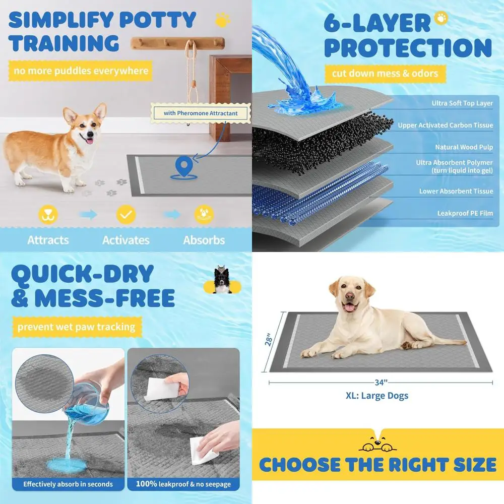 

Пеленки для дрессировки щенков X-Large, 100 штук, 34x28 дюймов, непромокаемые, быстросохнущие, 6-слойные, угольно-черные