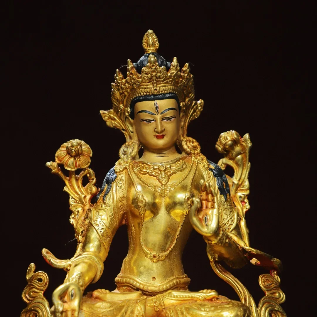 Tibetan Brass Gilt Painting Face Seven Eyes Guanyin Bodhisattva Whiteness Mother Buddha Statue Home Hall Chinese Ornament 20cm