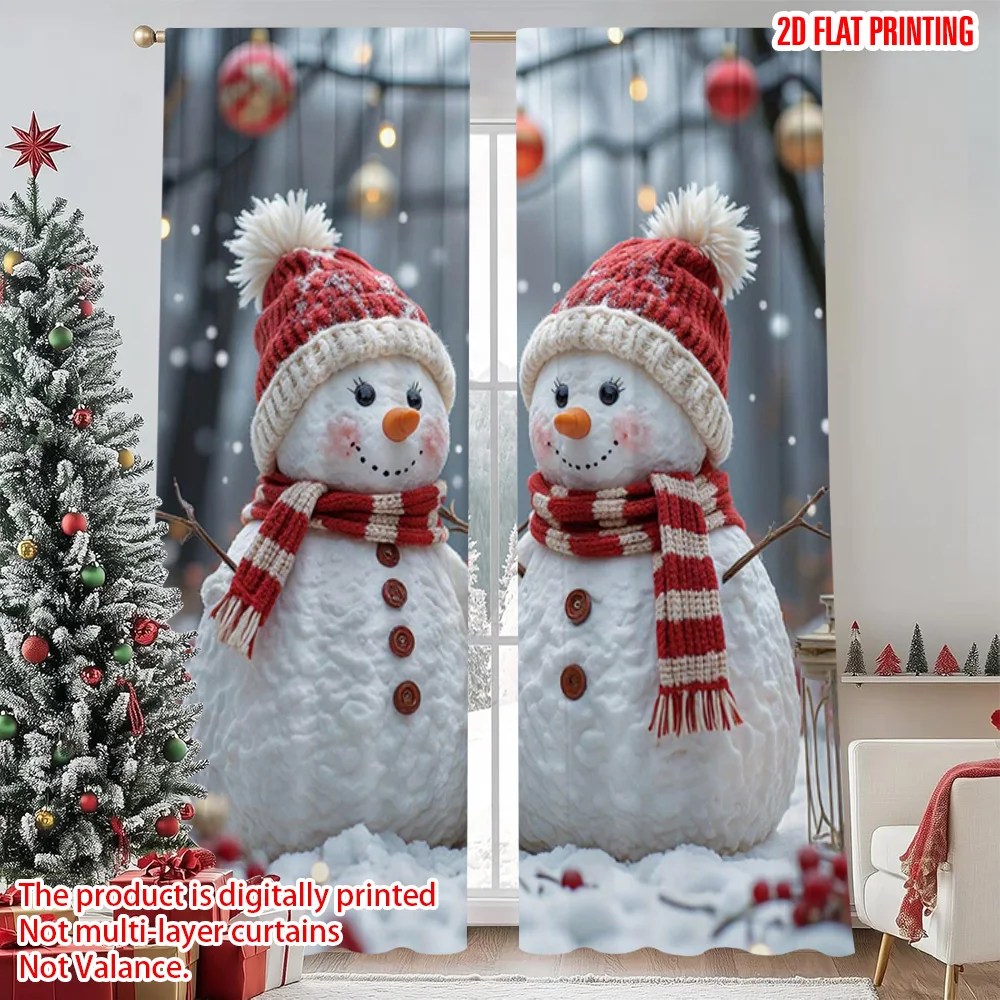 

2pcs 2D flat printing Christmas Window Curtains Christmas snowman3 Versatile 100% Polyester Without Electricity Festive Wall