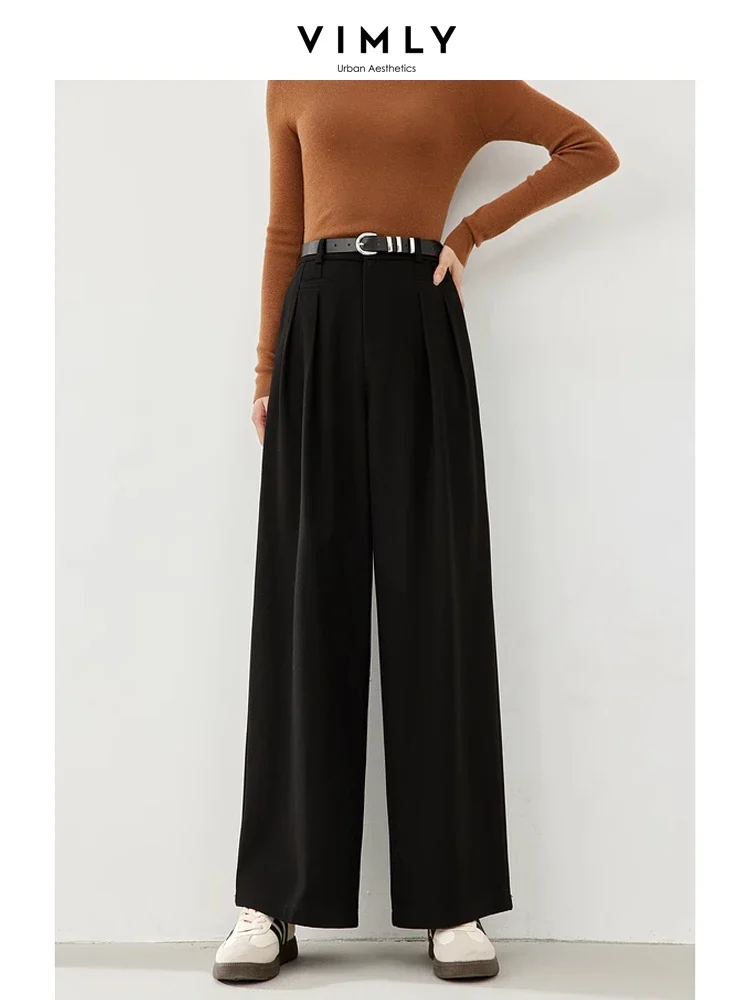 Vimly Wide Leg Thicken Woolen Dress Pant for Women 2023 Winter High Waist Baggy Pants with Leather Belt Woman Trousers 16323