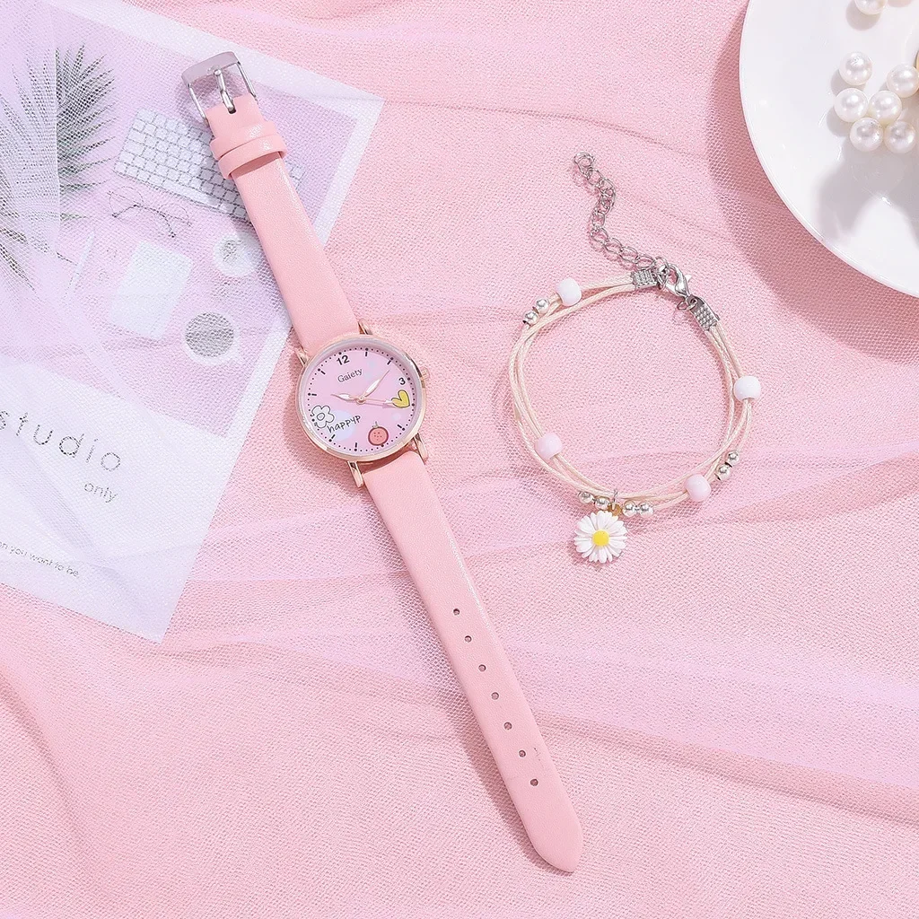 Kids Watches Pink Cute Children Wristwatch Cartoon Pattern Quartz Watch Set for Girls Students Clock Relogio Feminino