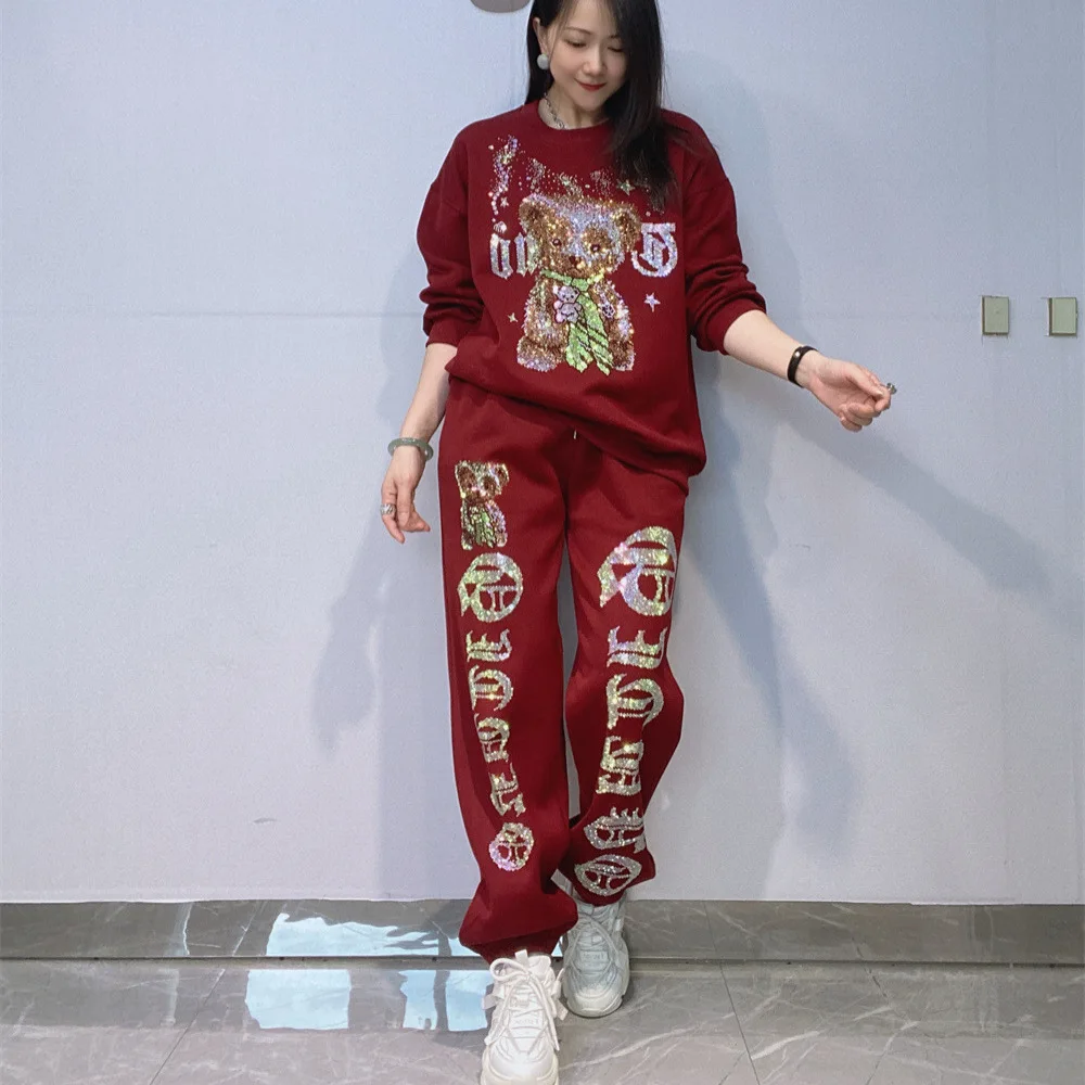 Fashion Bear Diamonds Pant Set Women Autumn Winter Tracksuit Pullover O Neck Sweater Loose Casual Two Piece Sets Womens Outifits