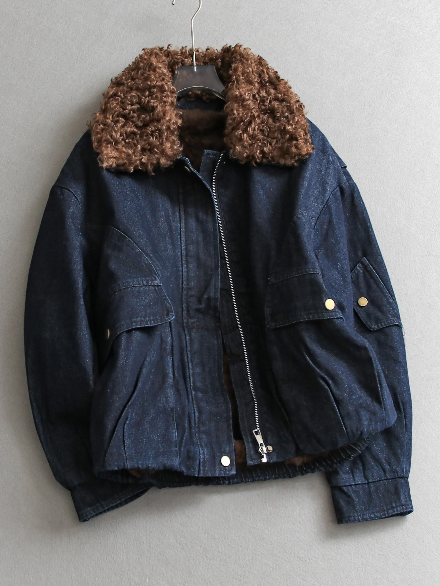 

Thickened Fleece Loose Fit Long Sleeve Unisex Workwear Denim Jacket Detachable Collar Casual Style Women's Coat M469