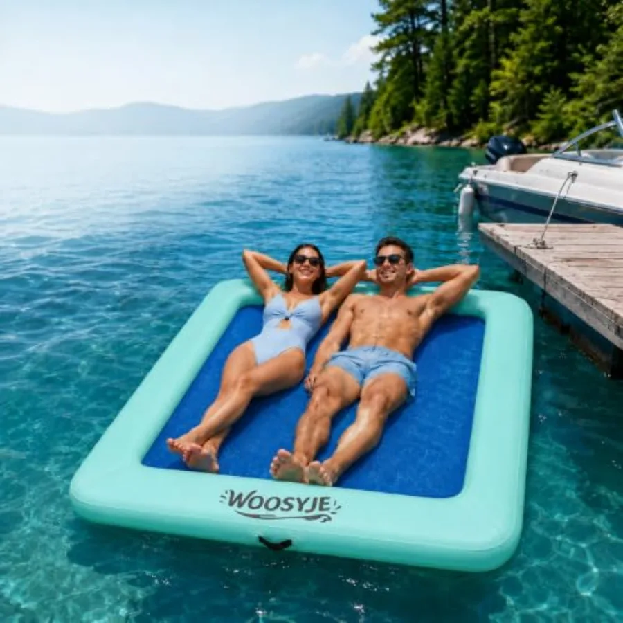 Two-Person Inflatable Water Hammock For Lake Ocean River And Pool Parties Heavy Duty Drop-Stitch Construction Mesh Bottom And B