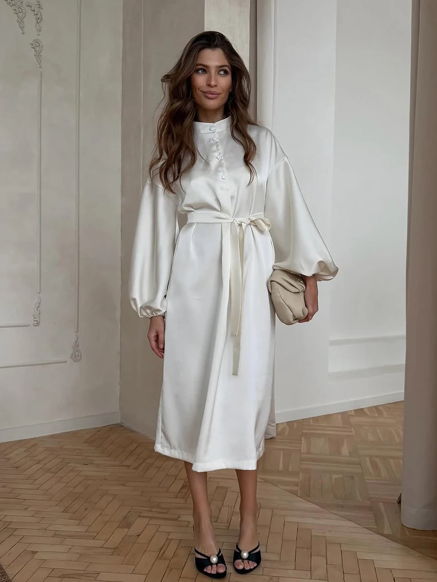 

Marthaqiqi Casual Women'S Nightwear Lace Up Pajamas Long Sleeve Nightgowns O-Neck Nightie Mid-Calf Dress Winter Ladies Sleepwear