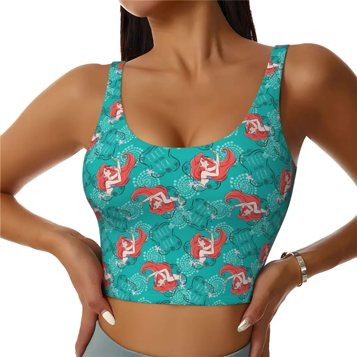 Custom Little Mermaid Ariel Cartoon Printed High Impact Sports Bras Women Seamless Workout Yoga Crop Tank Tops