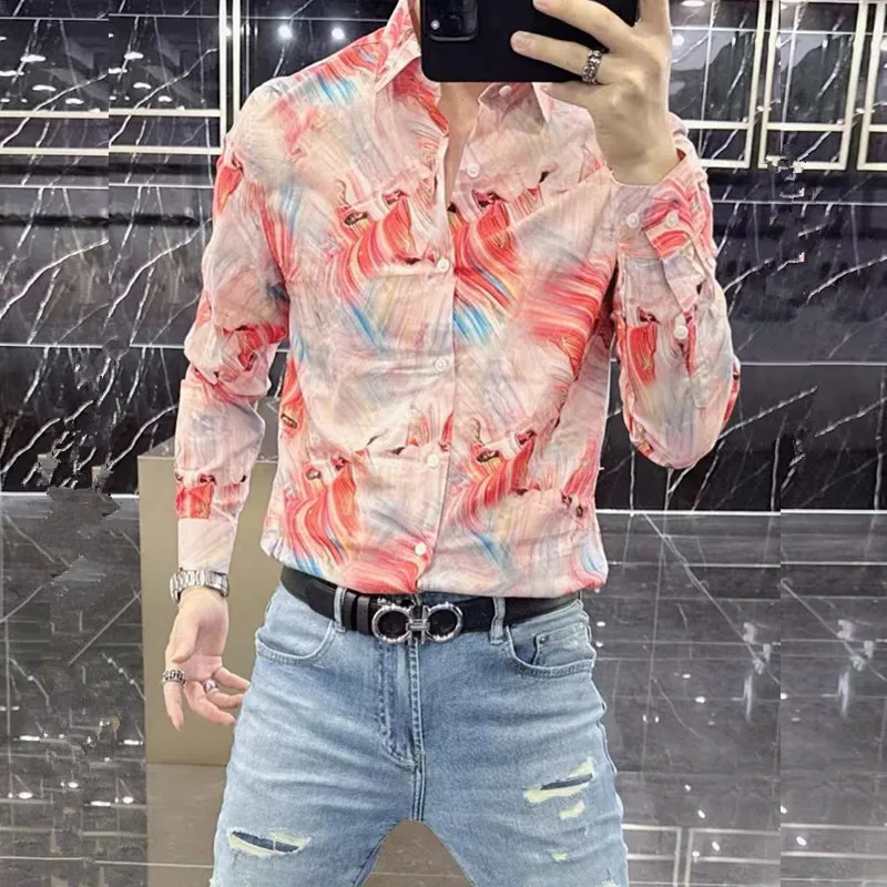 

Y2K Роскошные мужские облегающие платья с длинным рукавом Розовая рубашка Брендовое качество Винтажный принт Мужские дизайнерские социальные рубашки Camisa Masculina