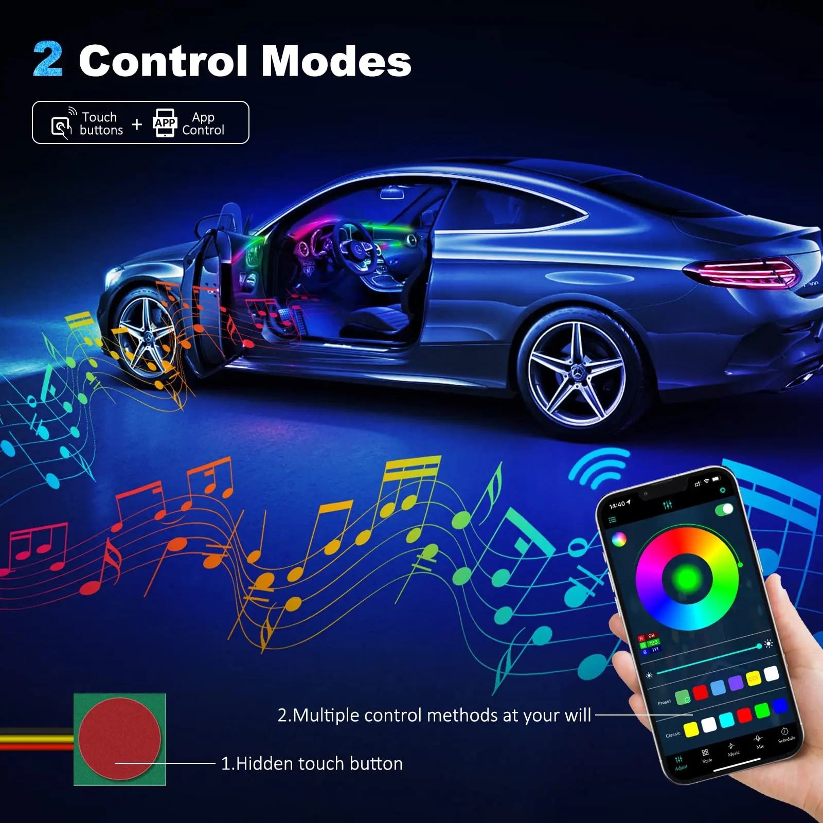 Dual Zone 18/22 in 1 Interior Car Atmosphere Light 64 Colors Rainbow Neon Bluetooth App Symphony RGB Acrylic Ambient Lights Kit