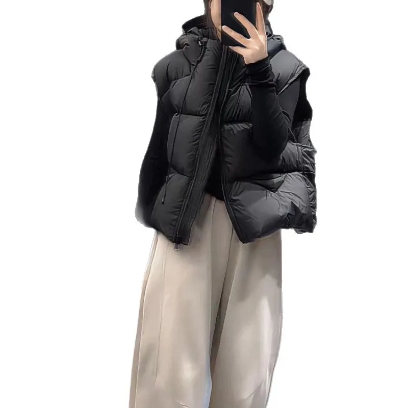 Women White Duck Down Vest Winter Hooded Sleeveless Puffer Jacket Fashionable Duck Feather Waistcoat Man Outerwear JK-141