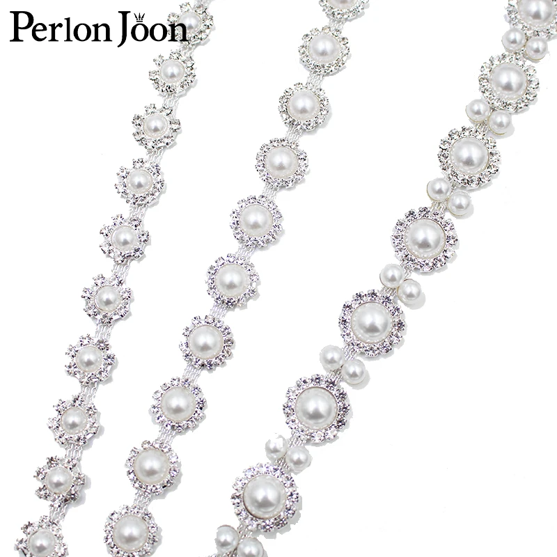 1 yard pearl rhinestone trim silver metal crystal surround pearl webbing decoration women\'s shoes clothes accessories ML062