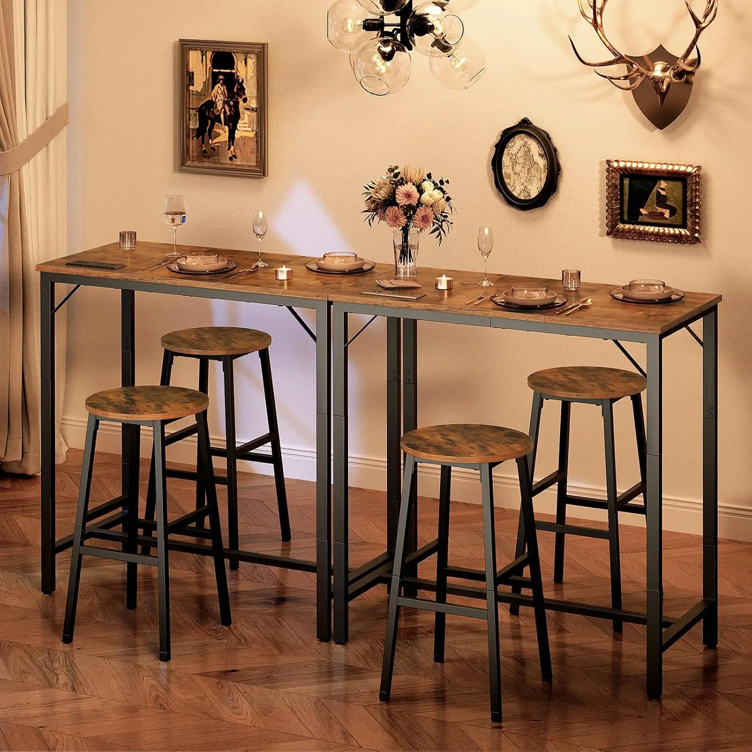 Bar Table with Charging Station, Rectangular Pub Table, High Top Coffee Table, Counter Bar Height Table, Narrow Long Dining Table, 35.4