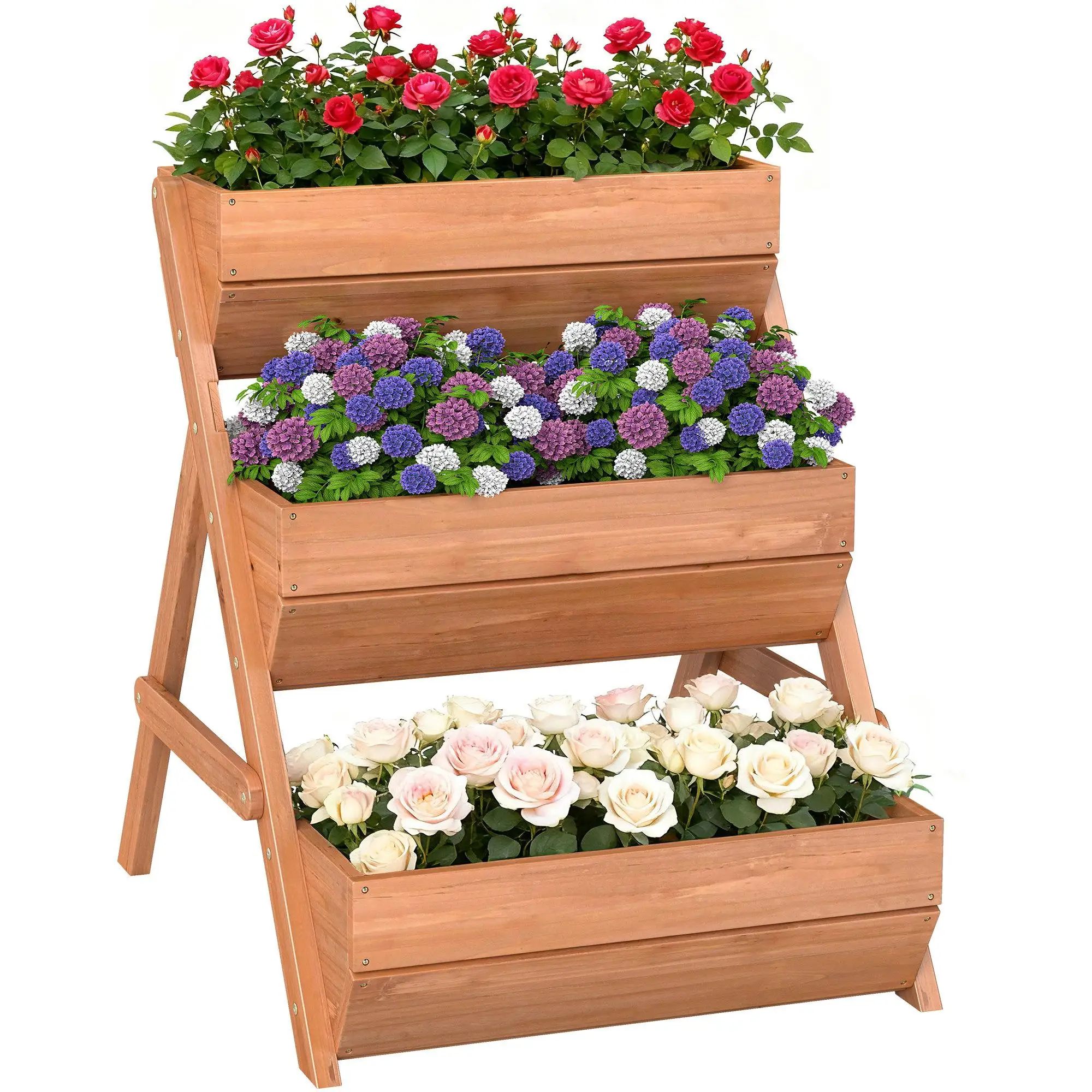 Bac à fleurs surélevé à 3 marches en bois 65x75x76 cm pour fleurs et légumes avec pieds en A et trous de drainage Marron