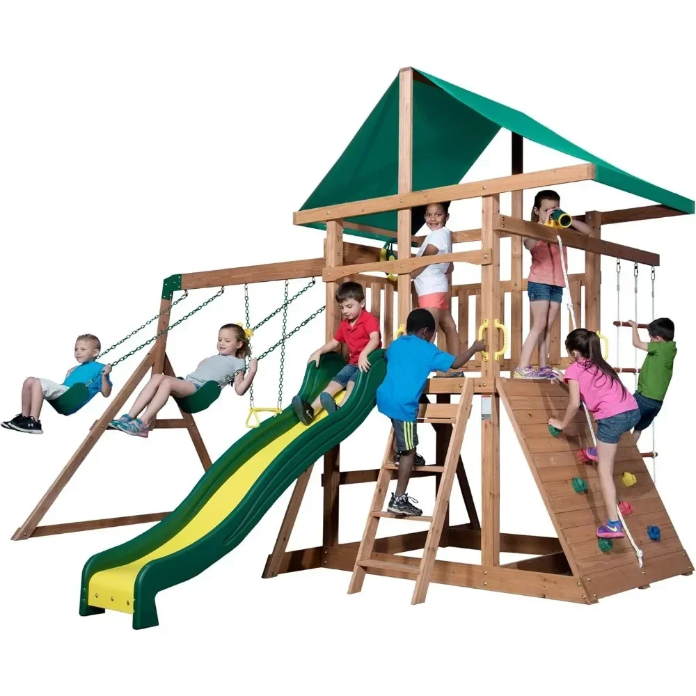 Mount McKinley All Cedar Wood Swing Set Playground for All Kids Age 3-10 Rock Wall Wave Slide Fort Double Rock Climber and Rope