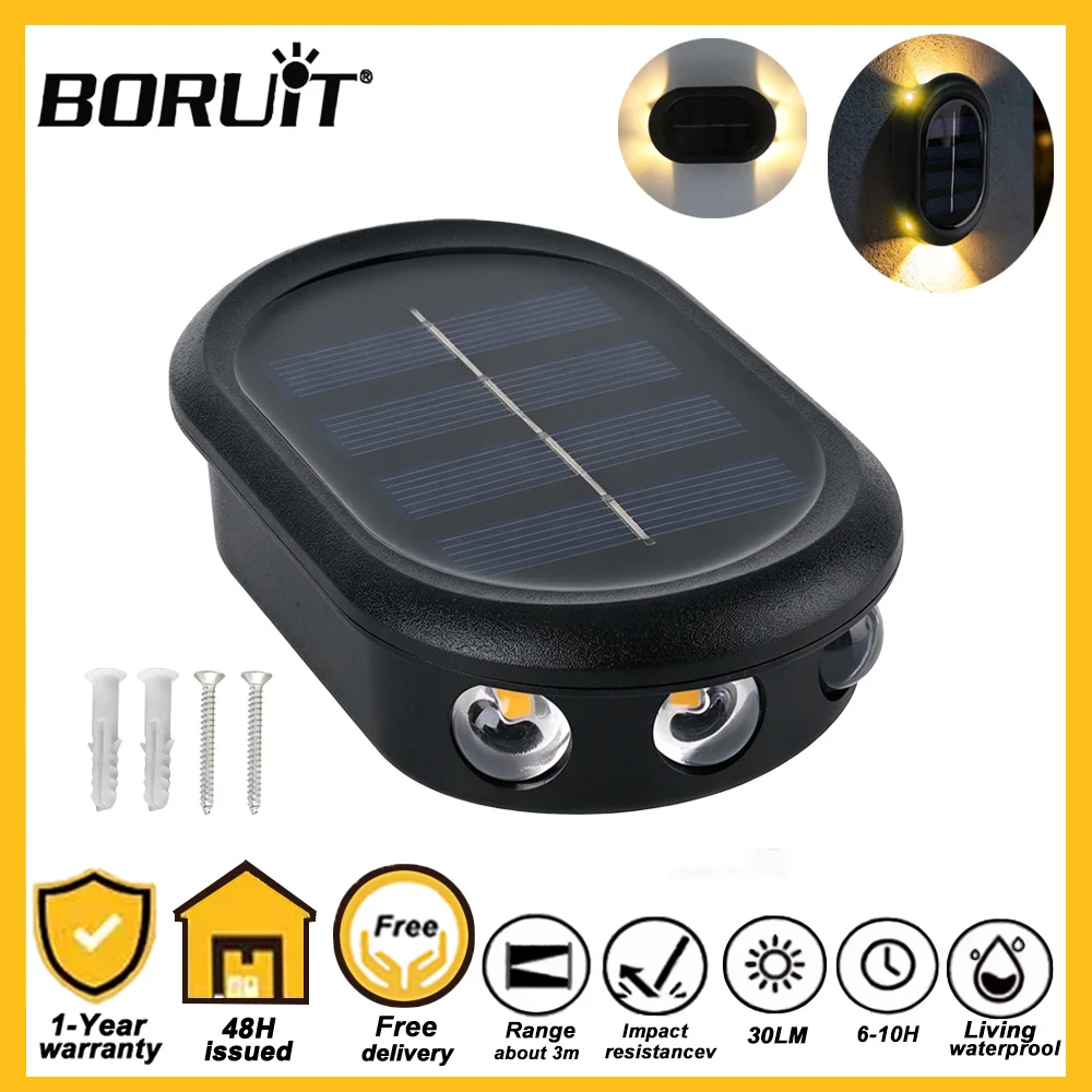 BORUiT Solar LED Wall Light Outdoor Waterproof Patio Staircase Landscape Lamps for Exterior Garden Decoratior Stairs Fence Light